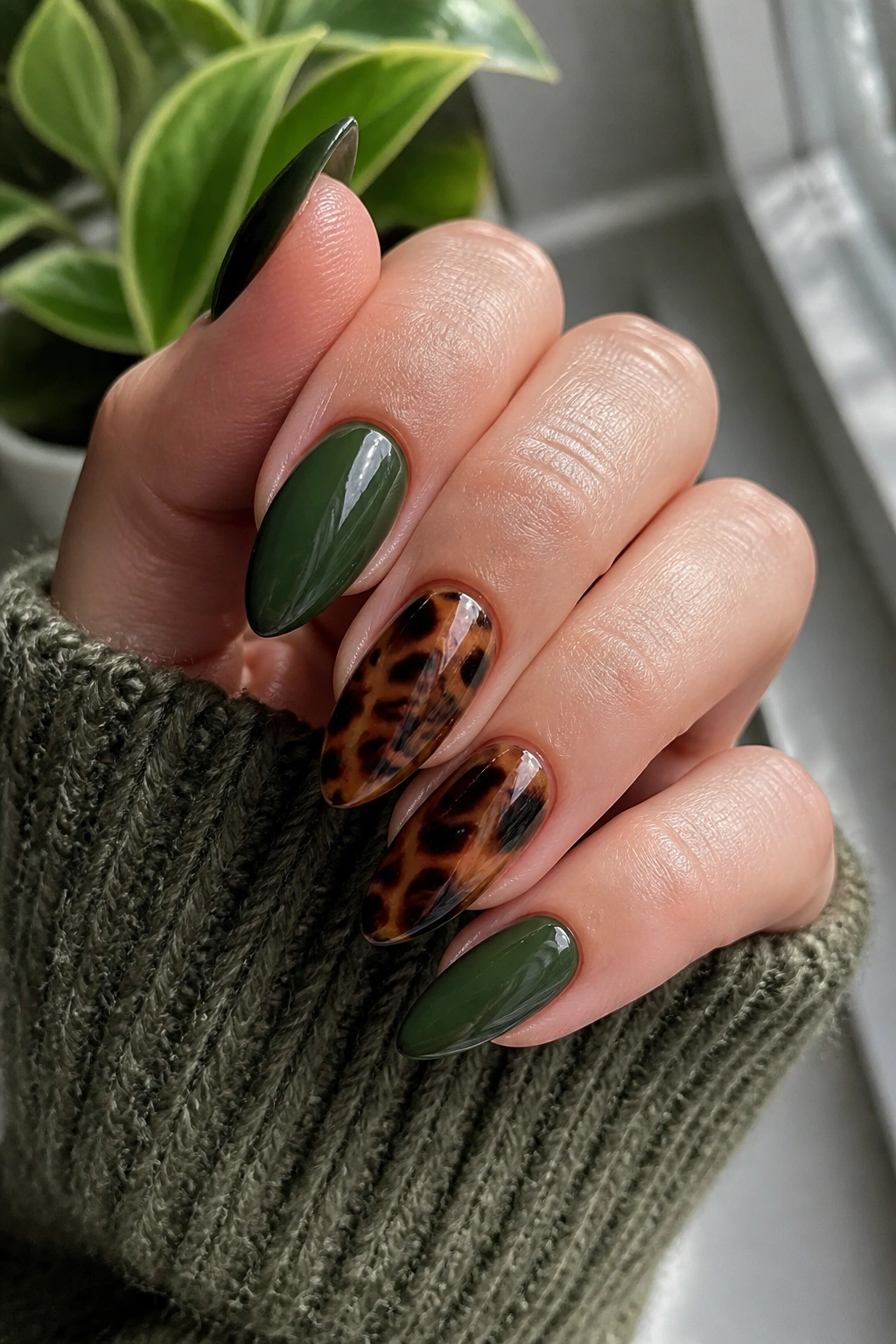 Close-up of real hand with tortoiseshell and green almond nails