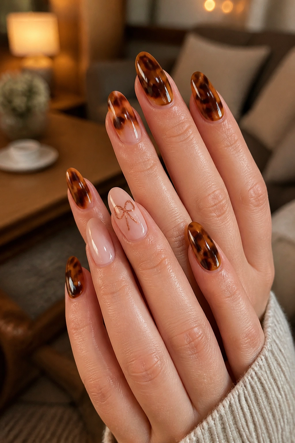 Close-up of tortoiseshell almond nails with a warm-toned bow on the middle nail