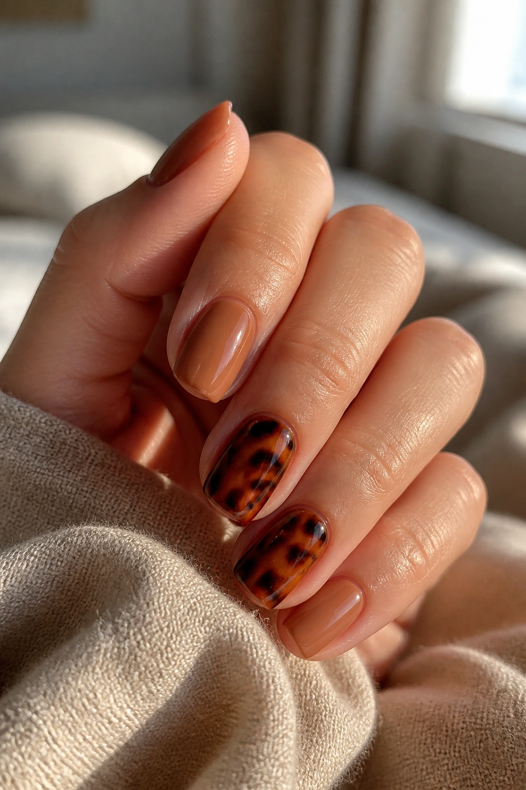 Close-up of tortoiseshell accent nails on a short coffin manicure.