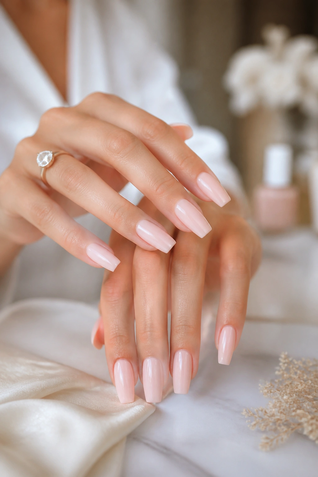 Close-up of hands with trial coffin nails in a bridal prep setting