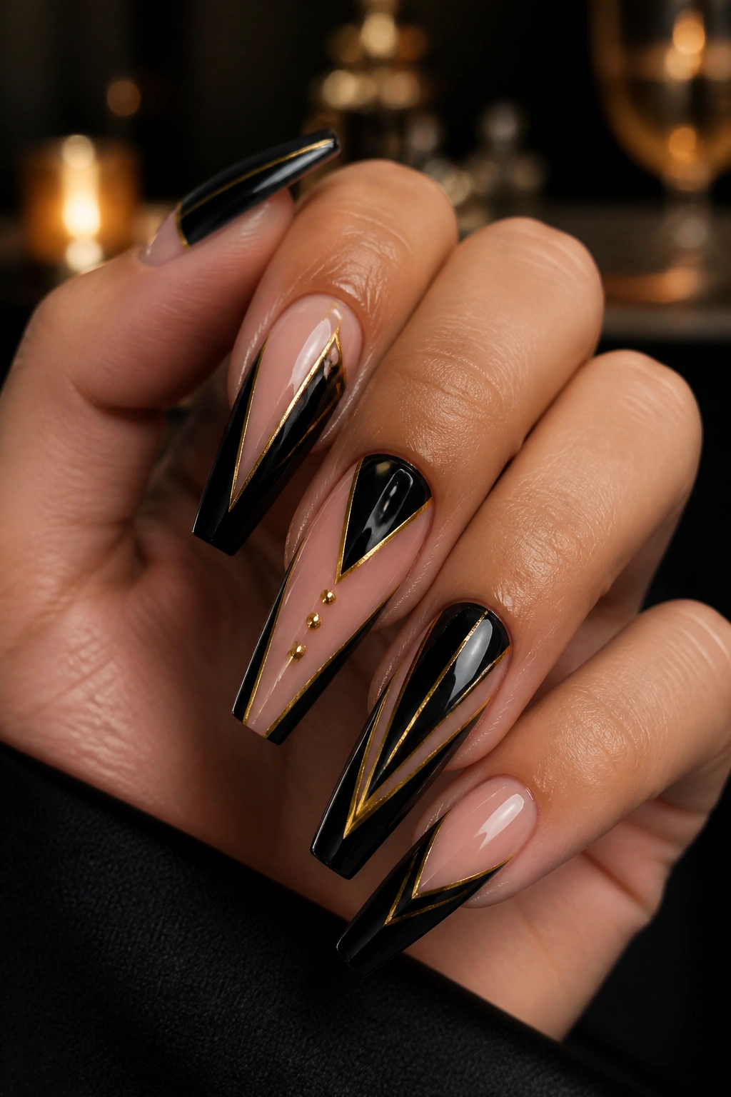 Close-up of tuxedo-inspired black and gold coffin nails
