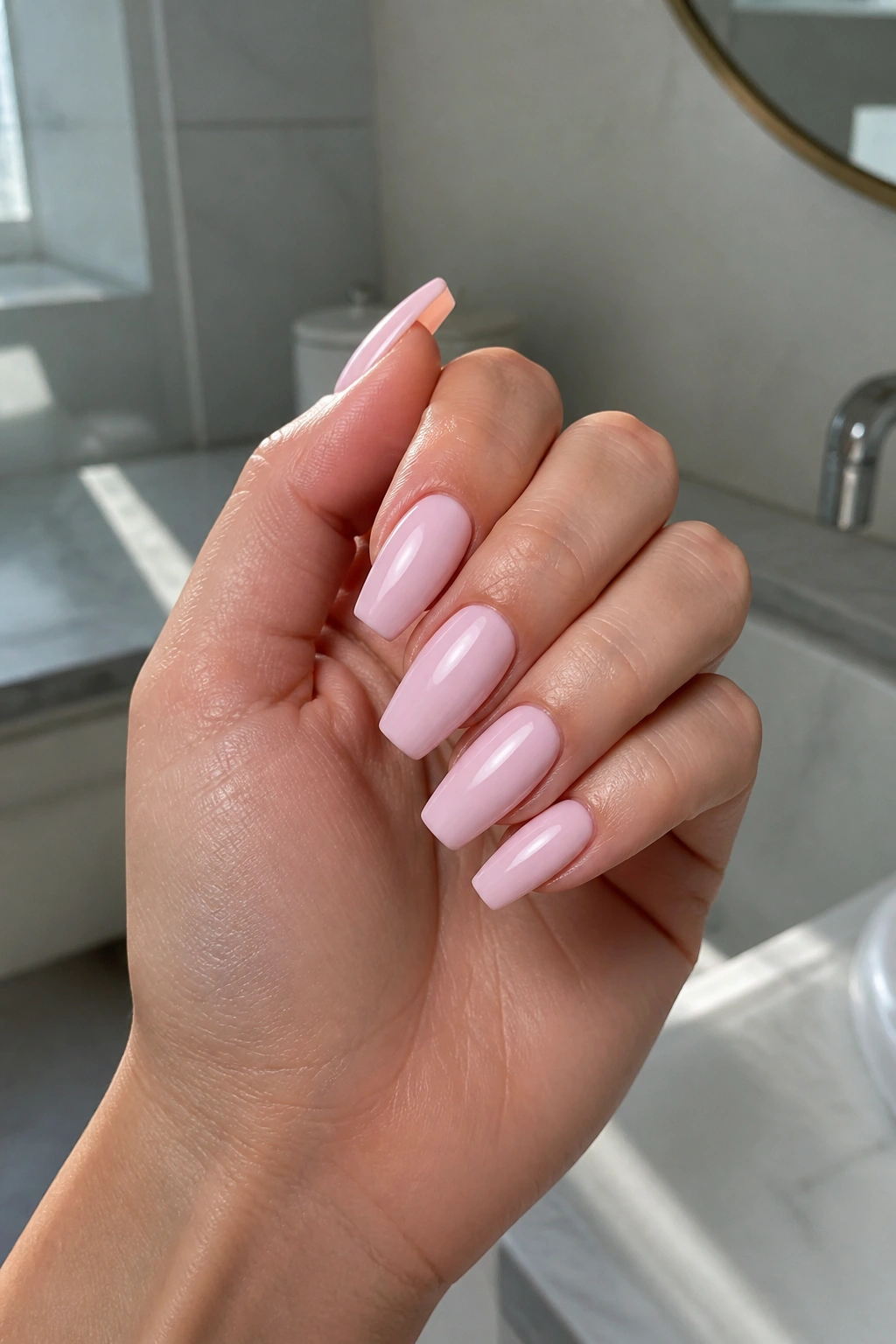 Close-up of nails showing undertone on light pink coffin nails