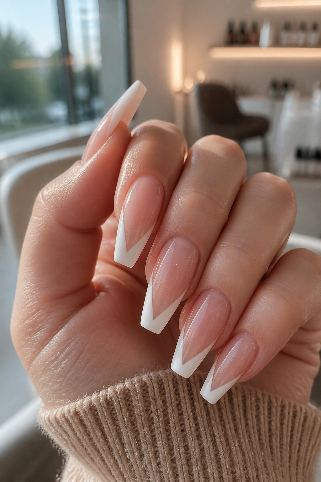 Close-up of a real hand with V-cut coffin French tips