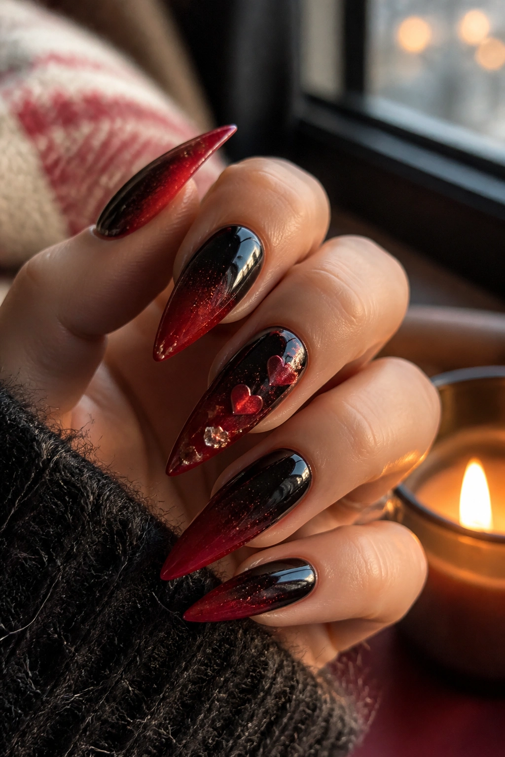 Close-up of hand with Valentine's Day ombre nails featuring hearts and rose-gold details.
