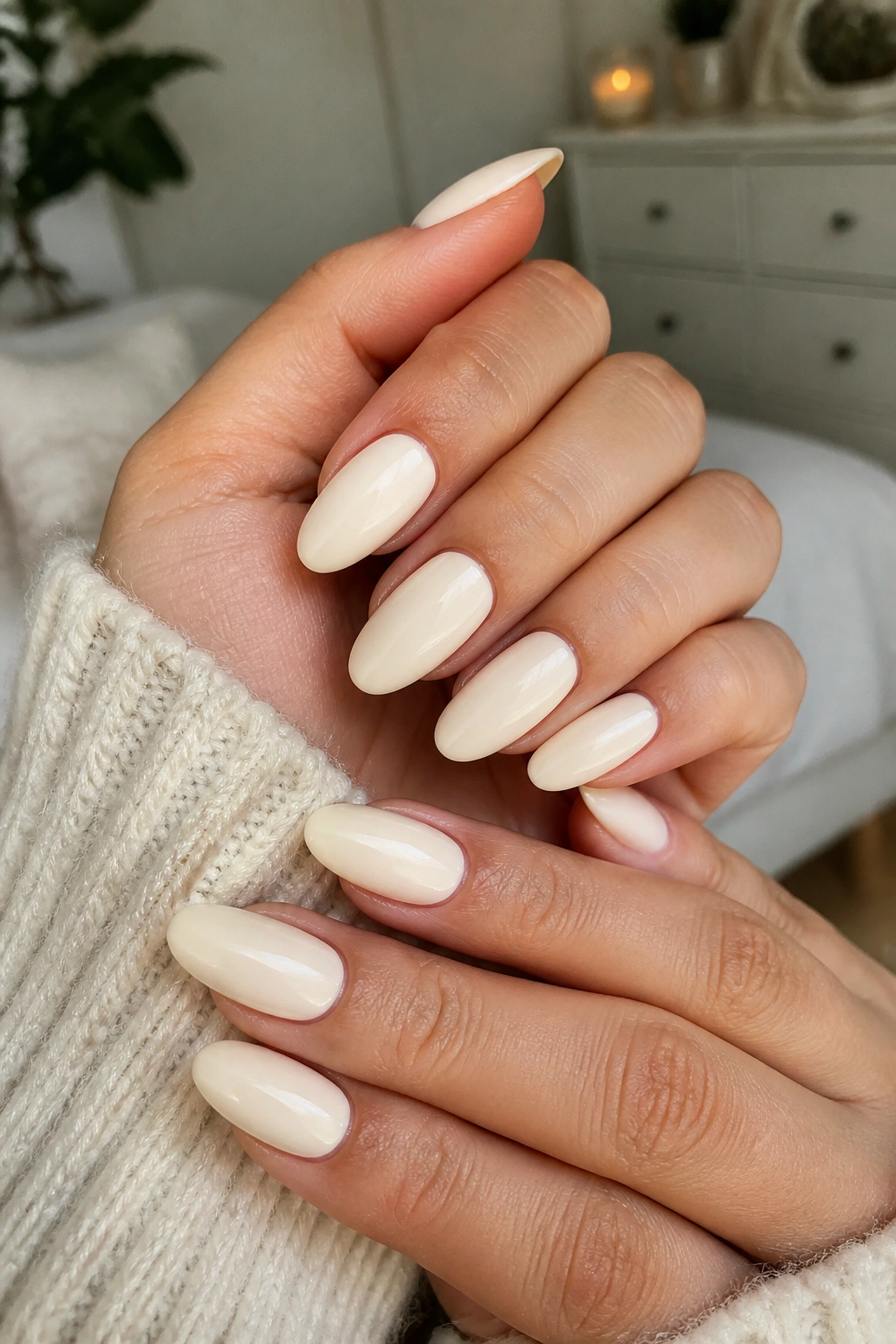 Close-up of vanilla cream almond nails in warm creamy shade