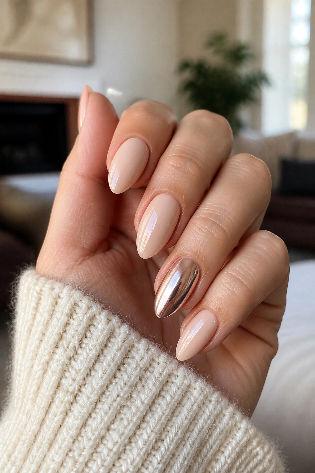 Vanilla nude nails with one chrome accent nail
