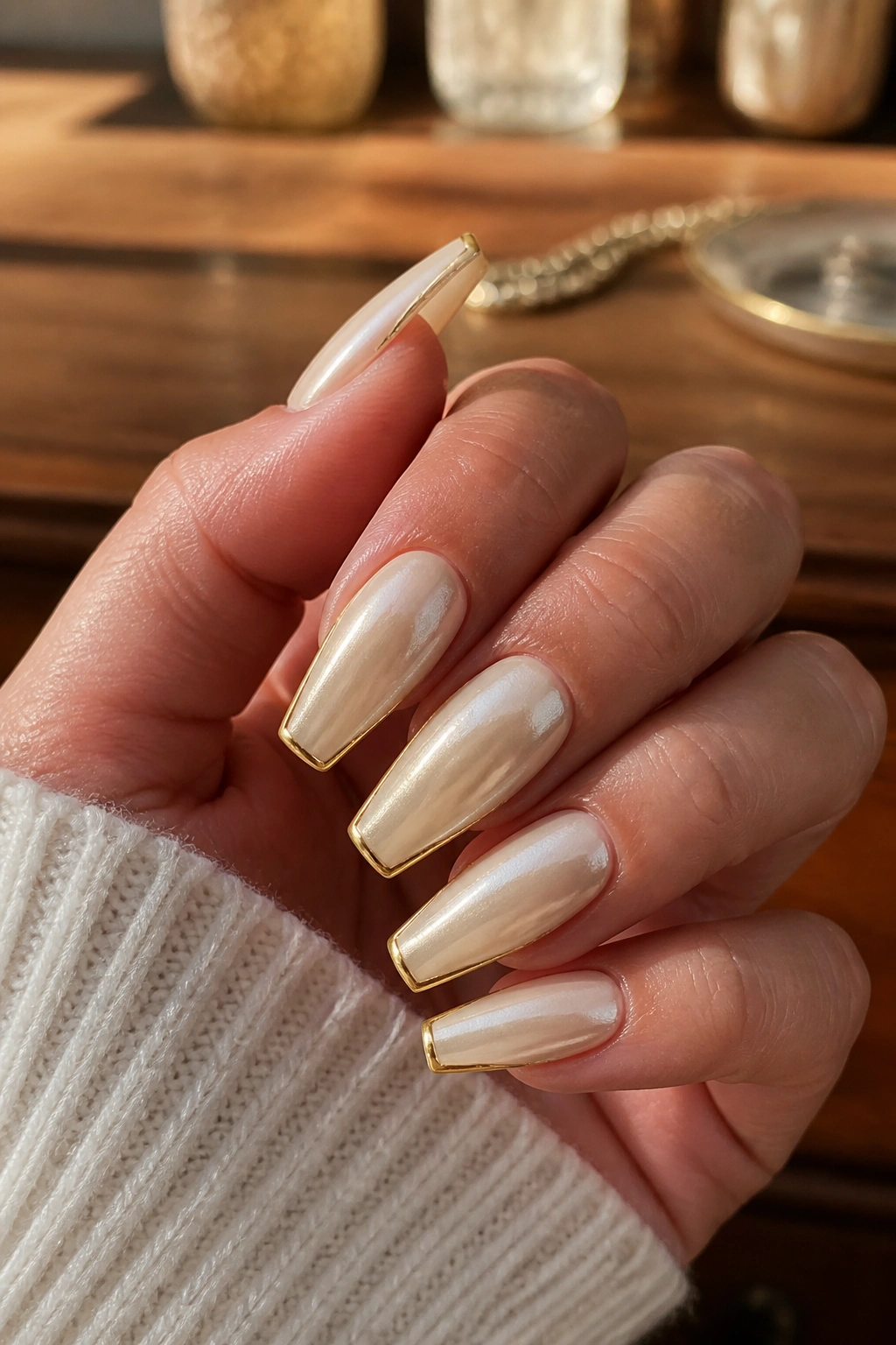 Close-up of coffin nails with vanilla pearl base and thin gold lining