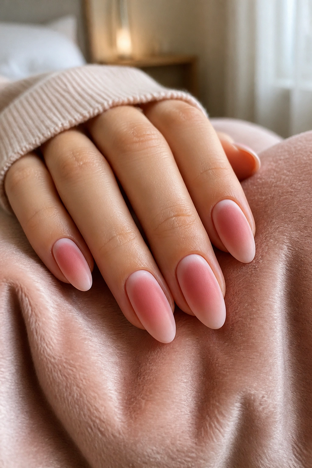 Close-up of a real hand with blush-toned velvet almond nails featuring a muted pink base and hazy center glow
