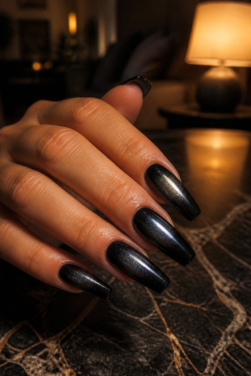 Close-up of velvet magnetic black ombre coffin nails with cat-eye shimmer.
