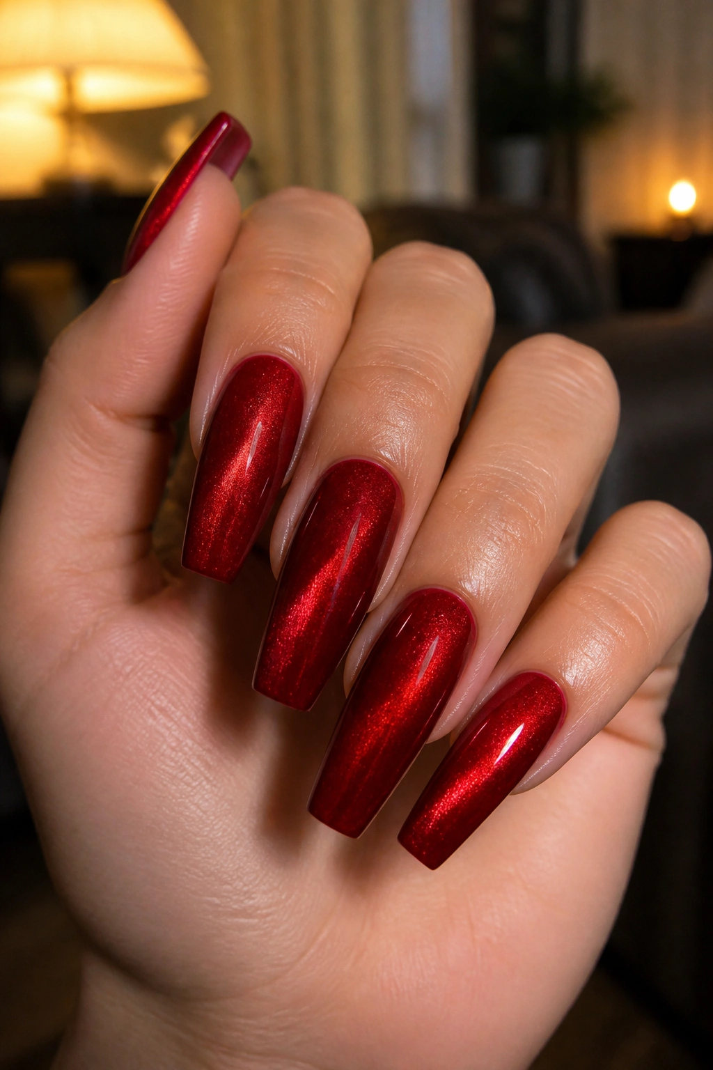 Close-up of hand with velvet magnetic red coffin nails