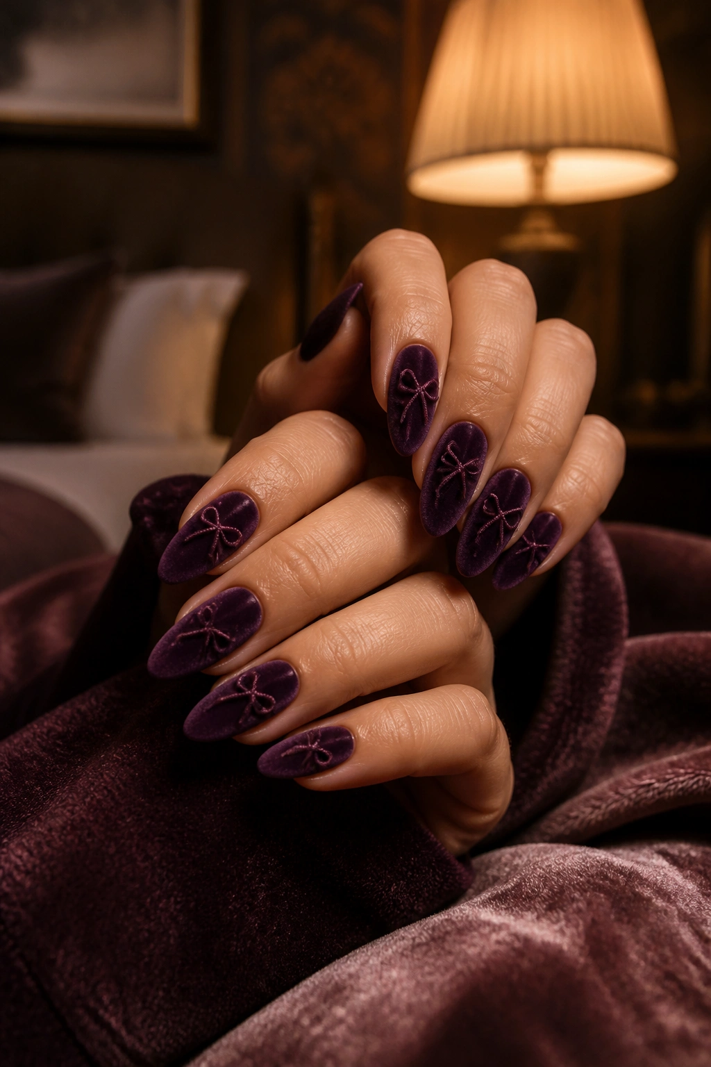 Close-up of velvet almond nails with a tonal plum bow on a real hand