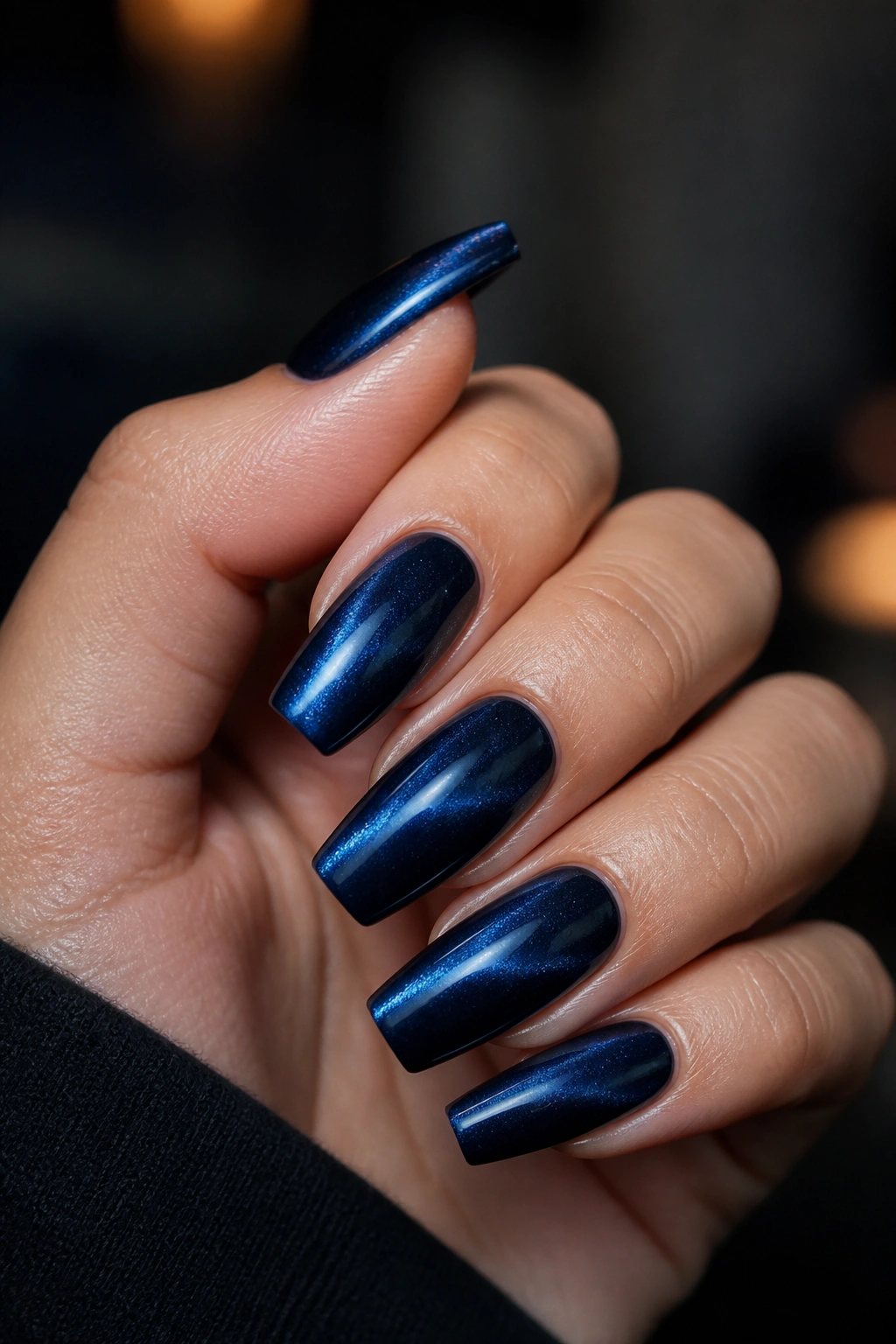 Close-up of a real hand with velvet navy magnetic nails showing cat-eye shimmer