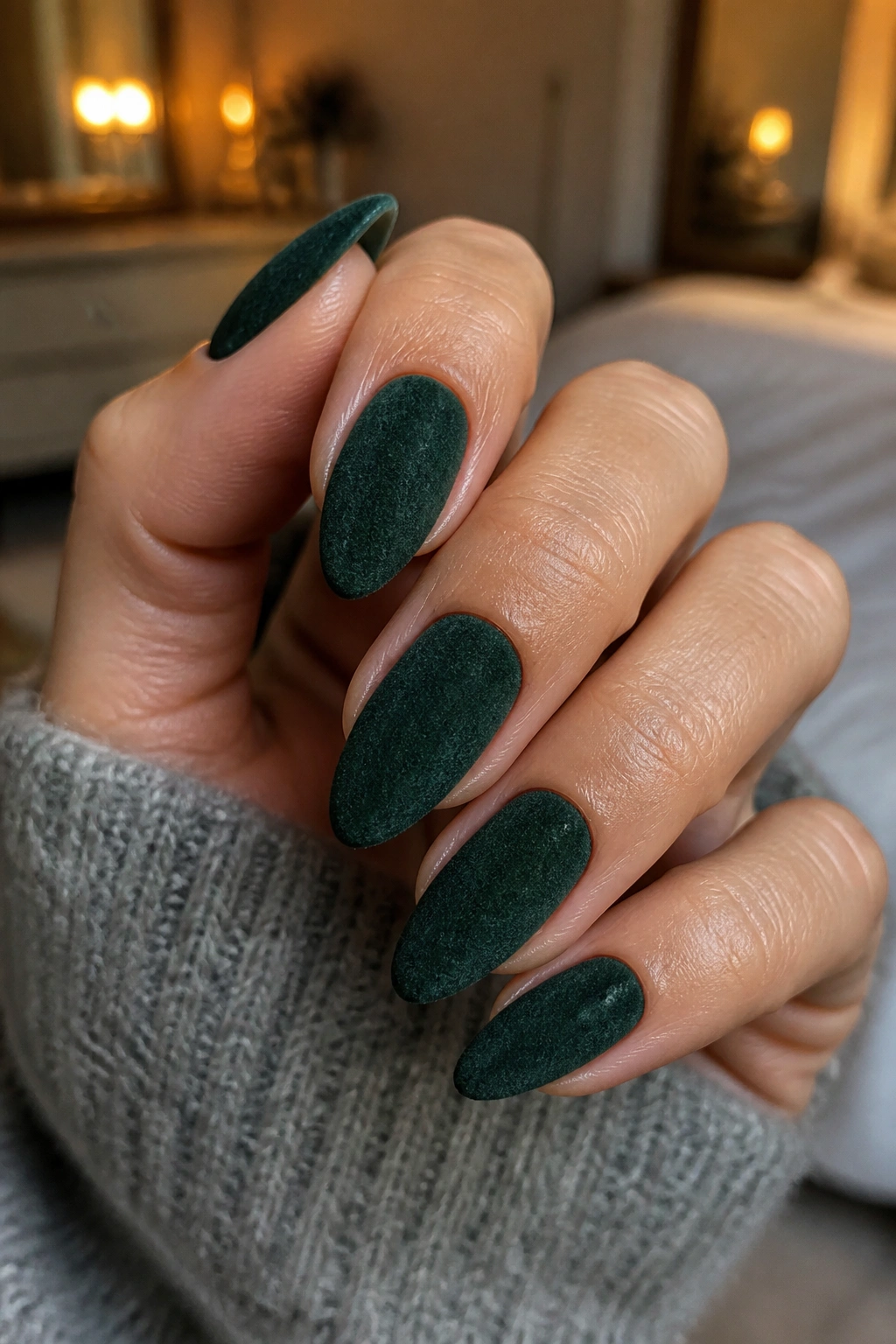 Close-up of velvet pine green almond nails on a real hand showing plush texture