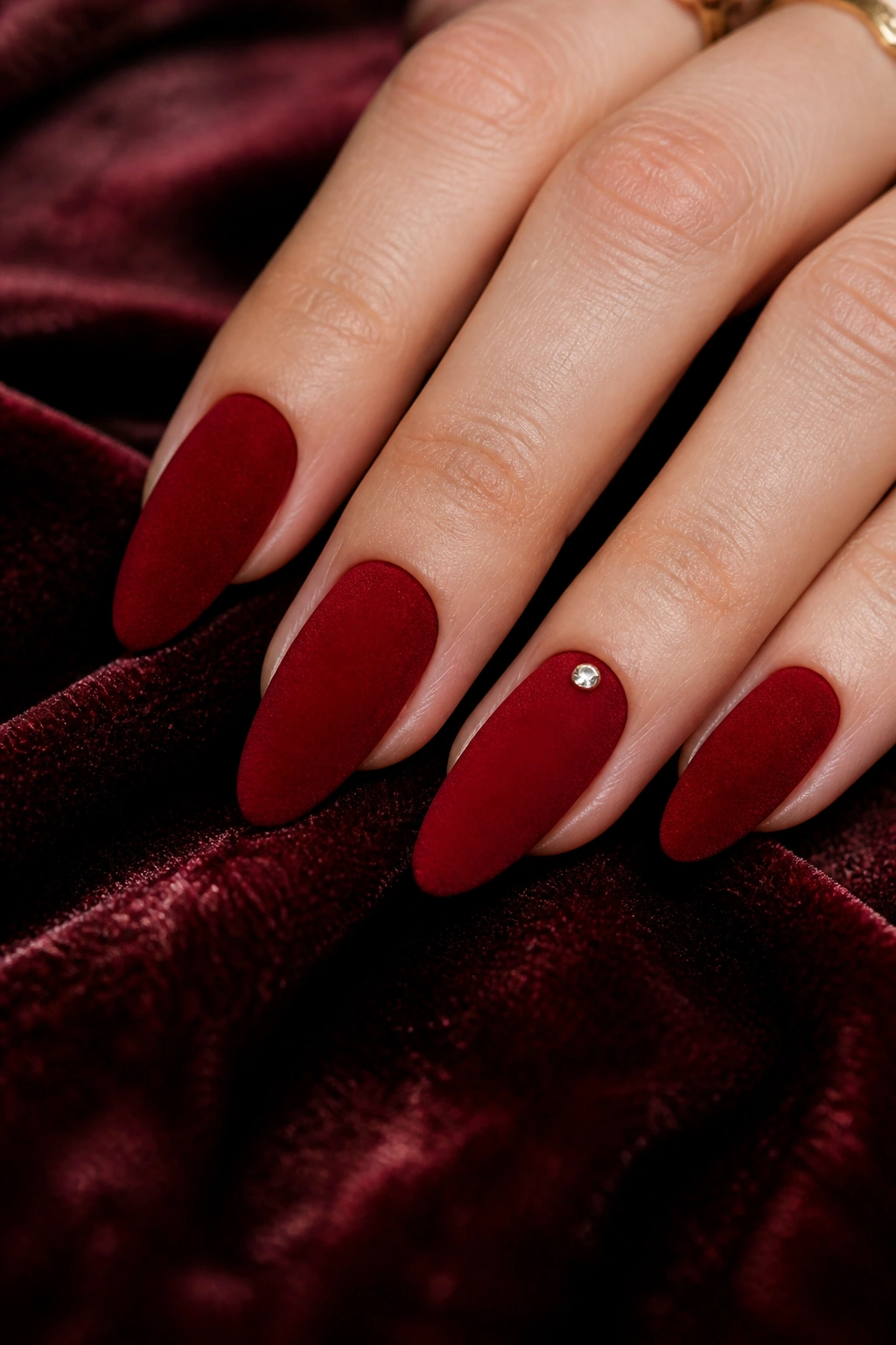 Close-up of velvet red almond nails with a small rhinestone on a real hand