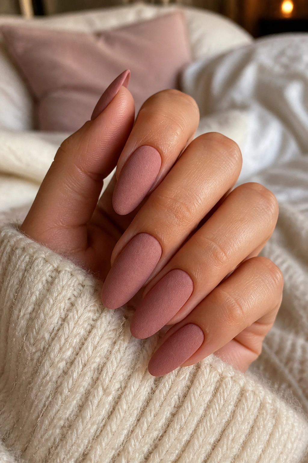 Close-up of almond nails with velvet dusty rose finish