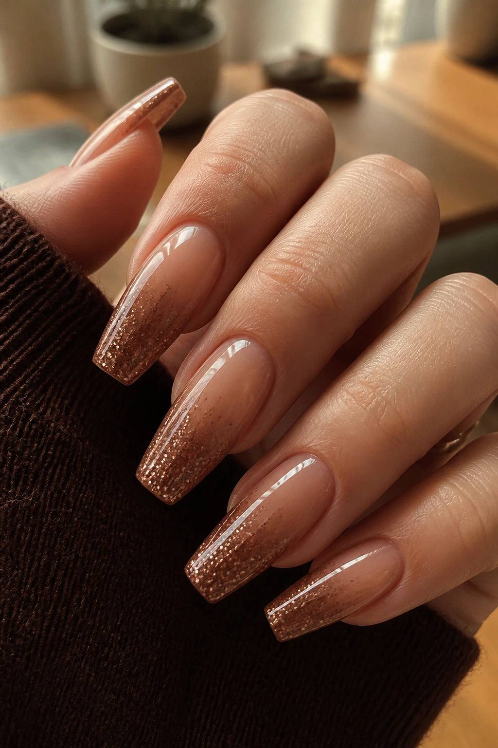 Close-up of Walnut Glitter-Dust Tips showing bronze glitter at nail tips on coffin nails