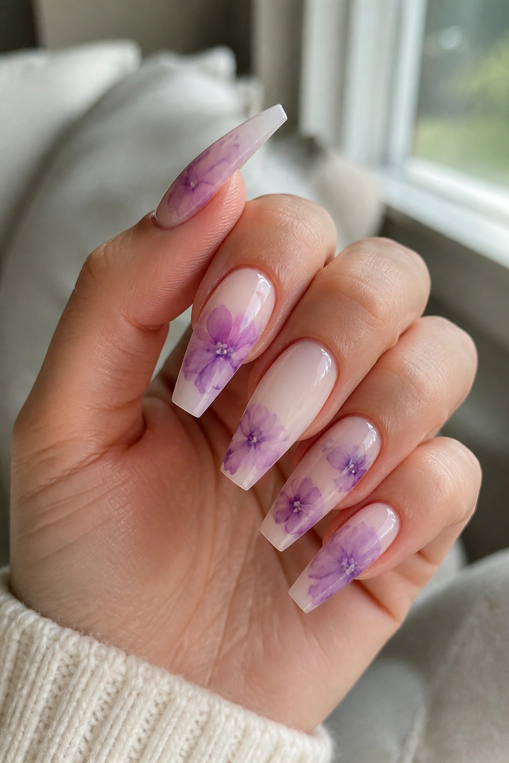 Watercolor lilac bloom nails with soft washes on a real hand.