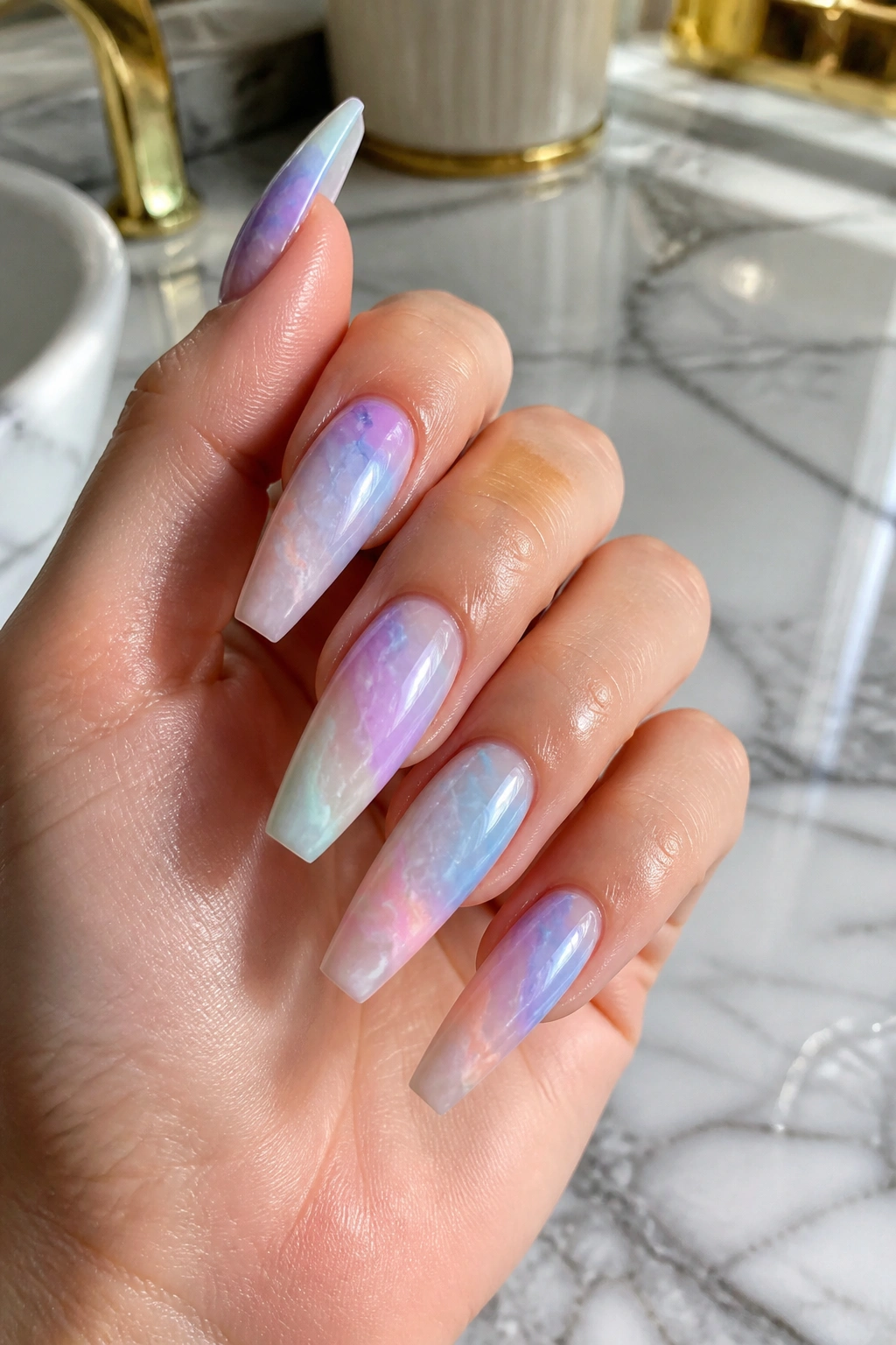 Real hand with watercolor marble mixed pastels on coffin nails