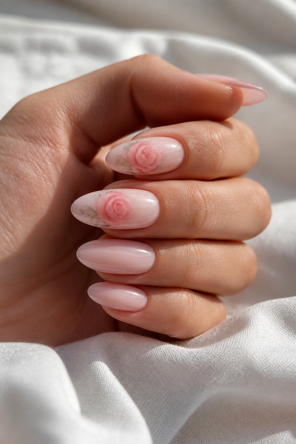 Close-up of almond nails with soft watercolor roses on a real hand