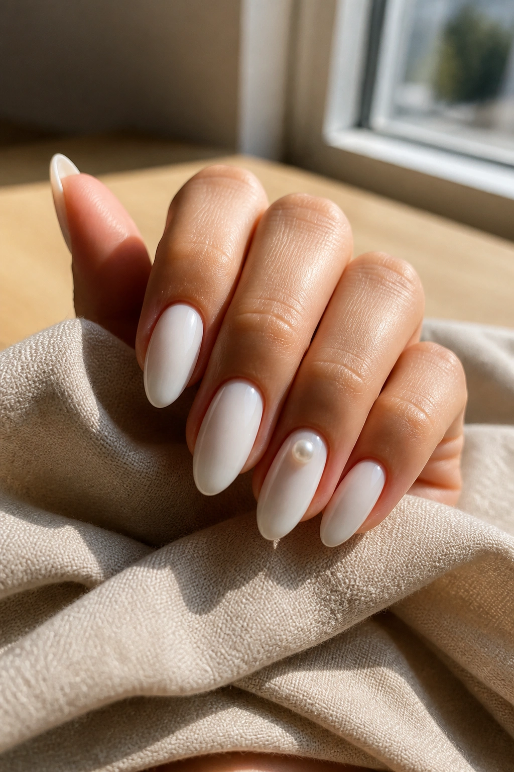 Close-up of a real hand with almond-shaped white nails, one accent nail with a tiny pearl