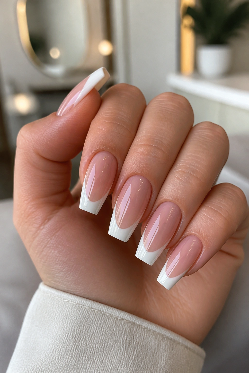 Close-up of coffin nails with white chrome-capped tips on nude pink base