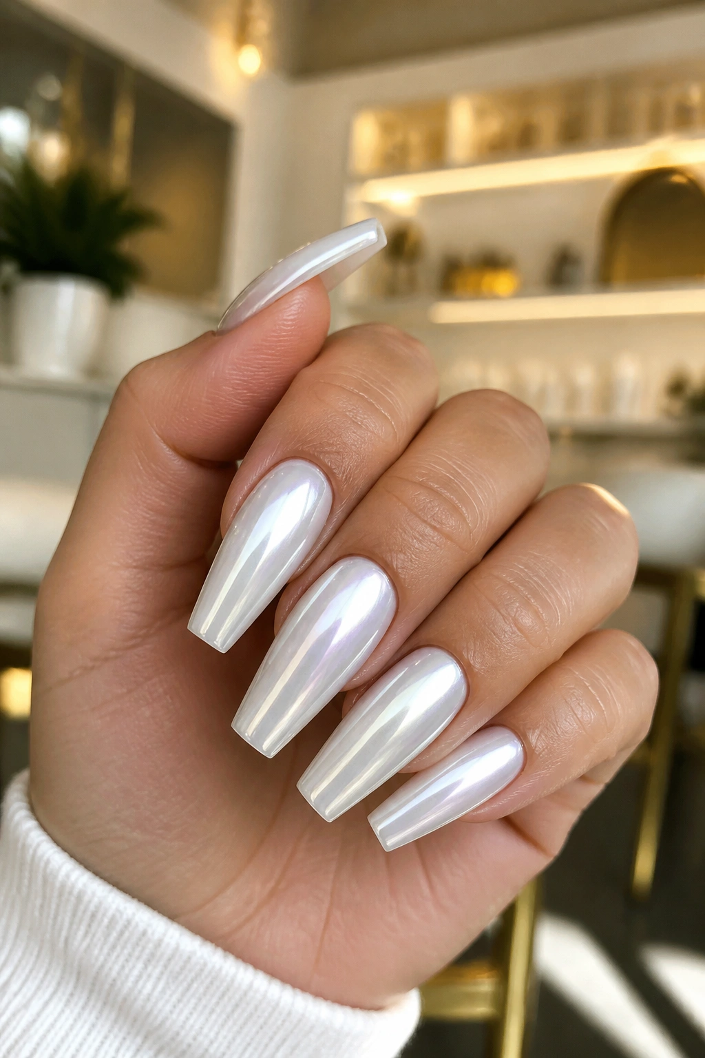 White chrome coffin nails on real hand