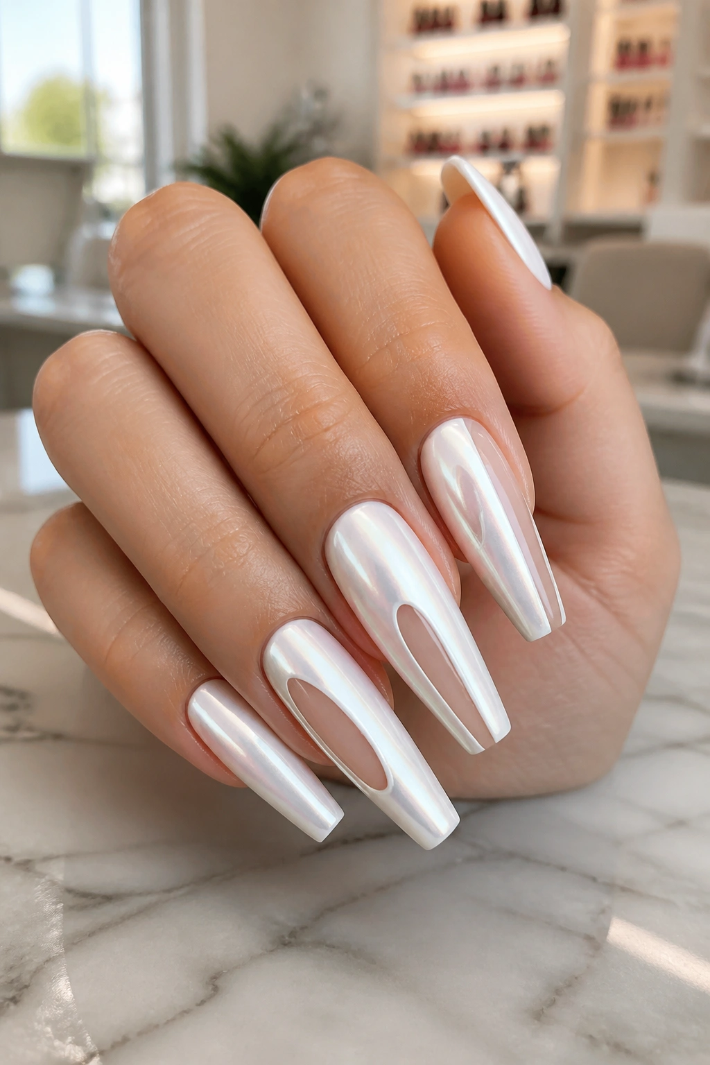 Close-up of a real hand with white chrome coffin nails featuring sheer nude cutouts on a marble manicure table