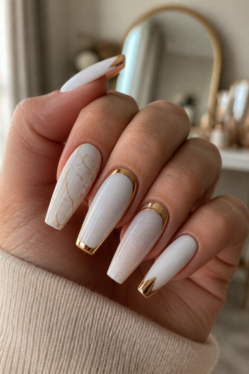 Close-up of a real hand with white coffin nails and subtle gold accents