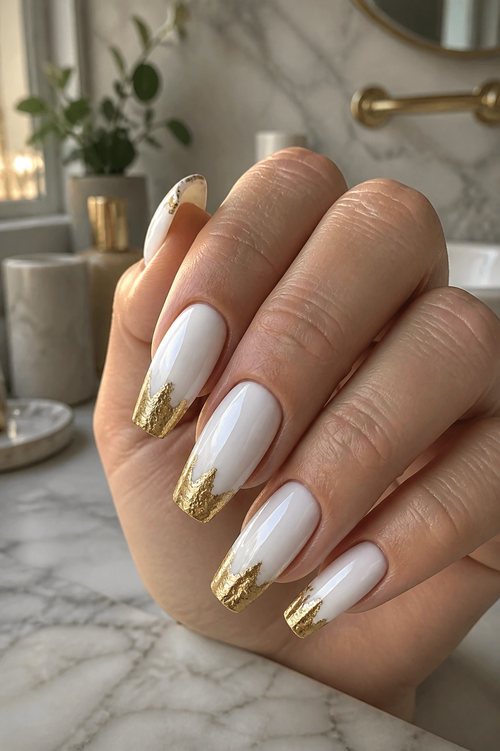 Close-up of white coffin nails with jagged gold leaf tips on a real hand