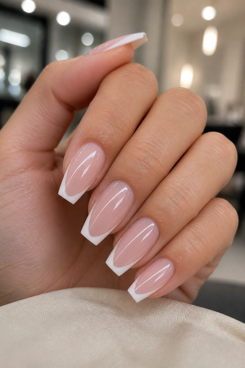 Close-up of crisp white French tip coffin nails on real hand in a salon