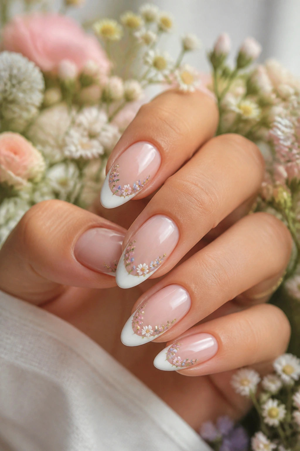 Almond nails with white French tips and small garden blooms