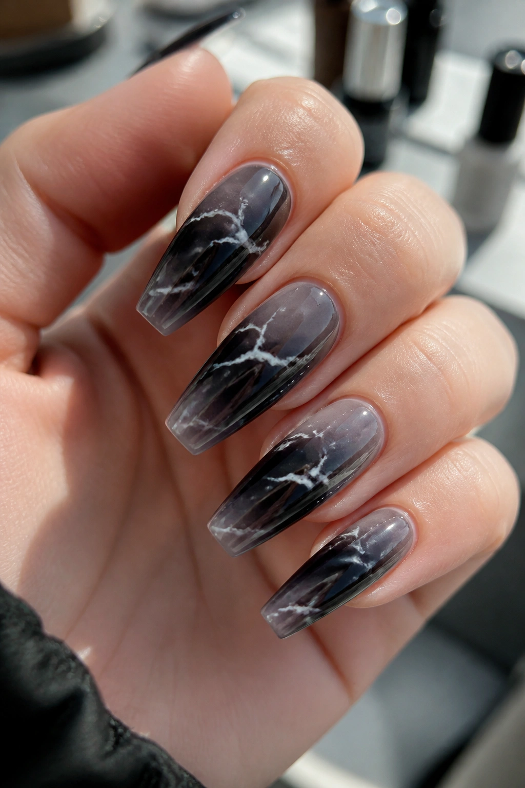 White ink marble veins on black ombre coffin nails
