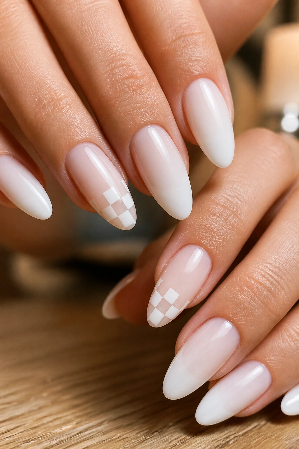 Close-up of almond-shaped nails with white checkerboard accents in a natural-lit nail salon