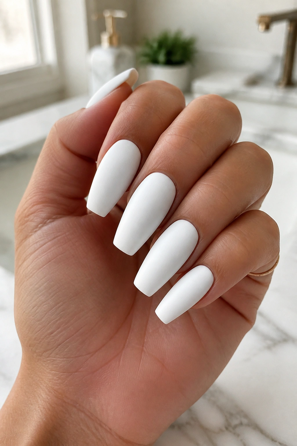 Close-up of crisp white matte coffin nails on a hand