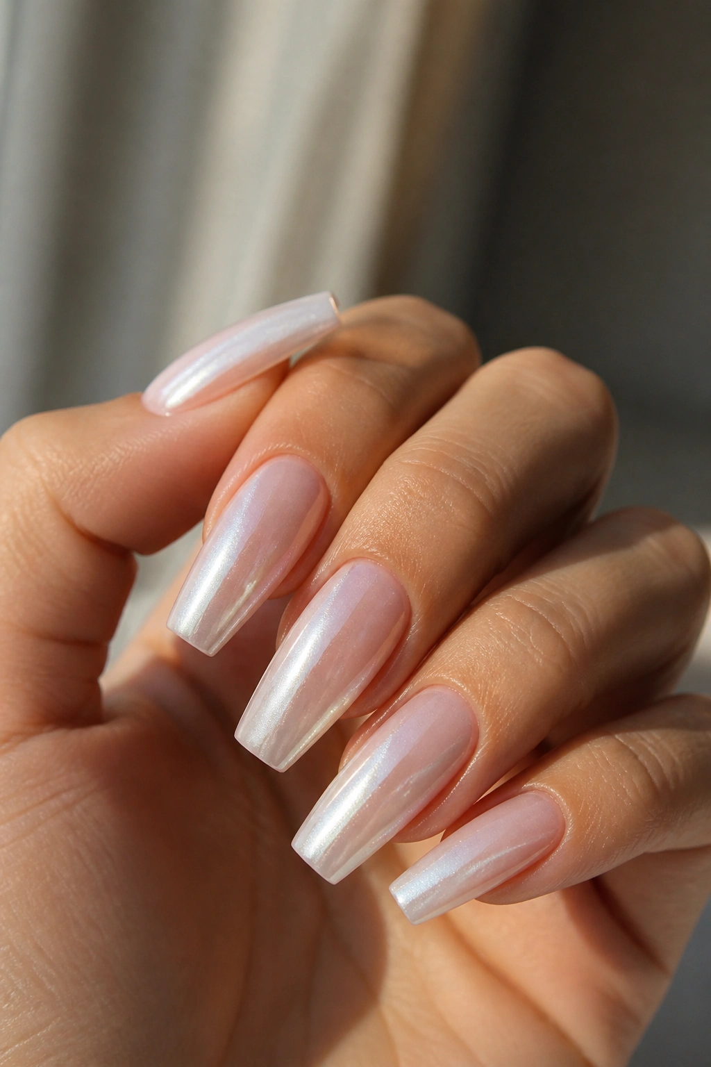 Close-up of white pearl glazed coffin nails on pale pink base