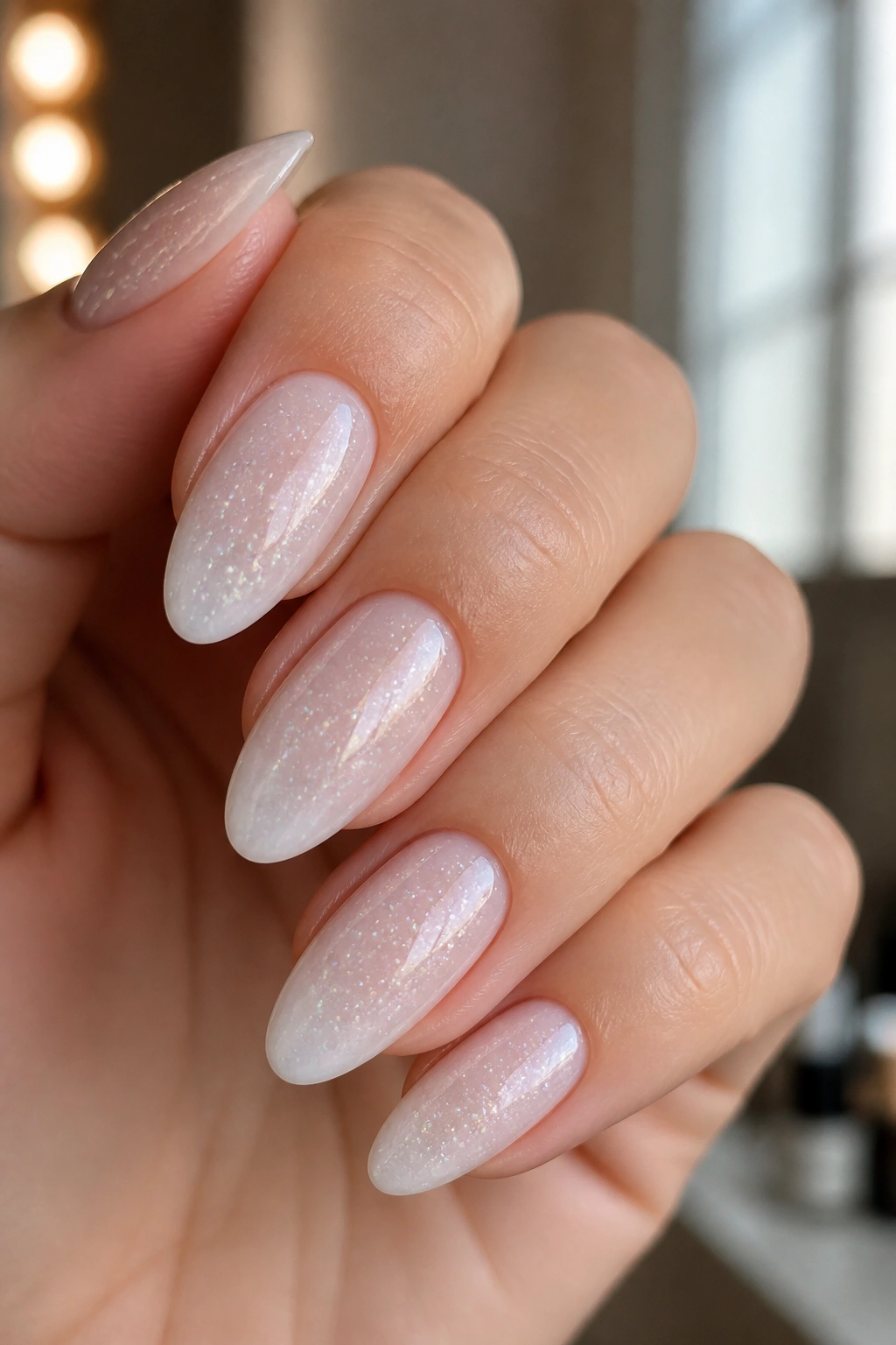 Almond nails with white pearl glitter on a milky base