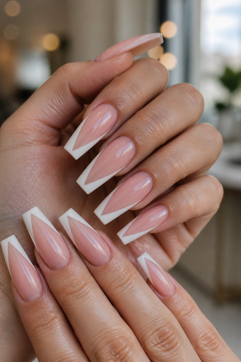 Close-up of coffin nails with white V-tips on a sheer rosy base on a real hand