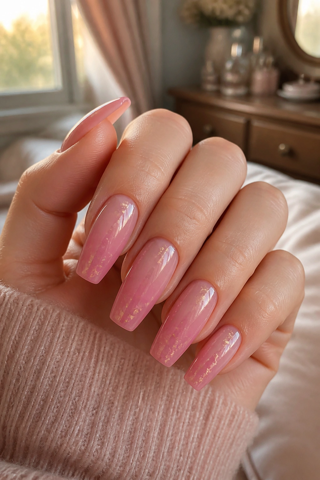 Close-up of a real hand with wide coffin nails in glossy pink gradient.
