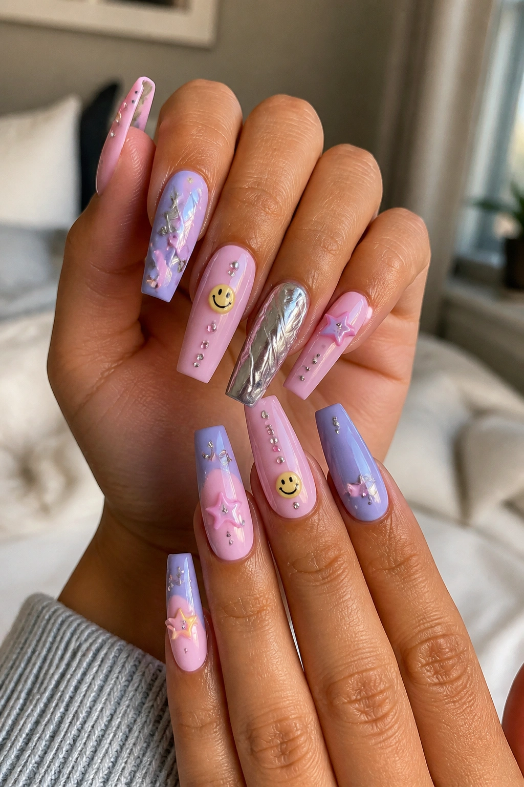 Close-up of Y2K charm coffin nails on a real hand with star and smiley accents